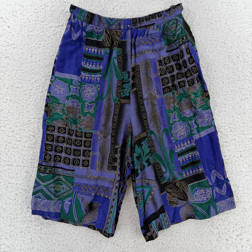 VTG Naturally Yours Pants Womens M Purple Geometric Bermuda Elastic Waist Capri